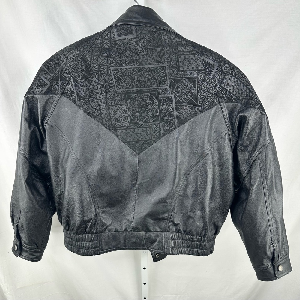 Vintage 80s Wilsons Womens Black Leather Batwing Bomber Jacket Embossed Sz XL - Picture 7 of 10